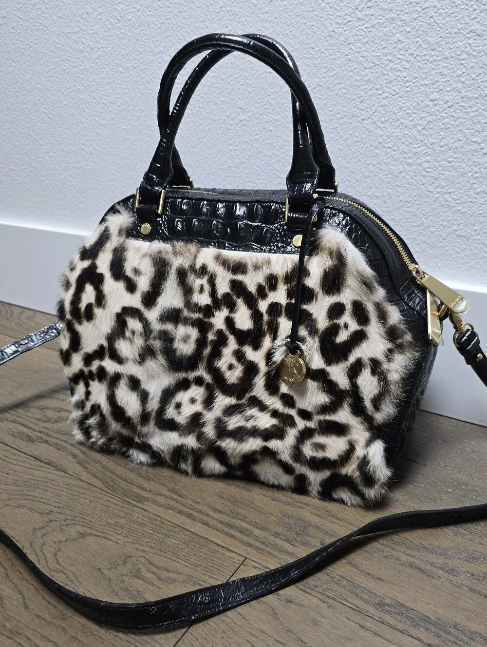🆕️ Brahmin Hudson Leather Top Handle Satchel in Creme Muse Leopard Rabbit Fur